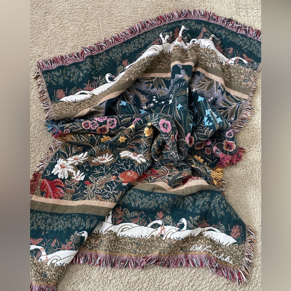 SOLD Goodwin Weavers Bob Timberlake Swans and Floral Throw Blanket Tapestry USA